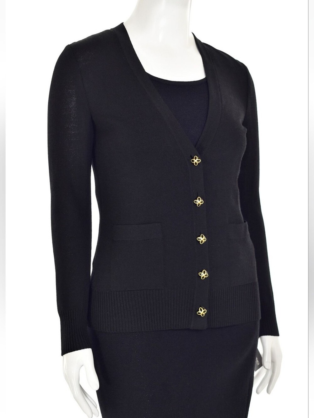 St. John Caviar Santana Knit Cardigan Black Embellished Buttons L